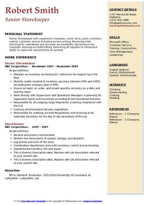 Storekeeper Resume Samples | QwikResume