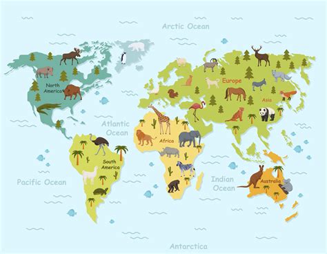 Habitat animals on world map clipart. Green topographic continents with ...