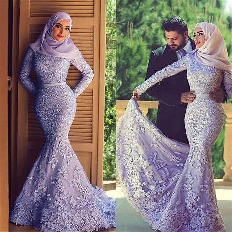 Elegant Tulle Mermaid Arabic Islamic Wedding Dresses with Beaded Lace Appliques Purple Long ...