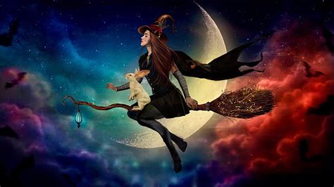 Halloween Witch on a Broom, witch, moon, Halloween, broom, colorful, HD wallpaper | Peakpx