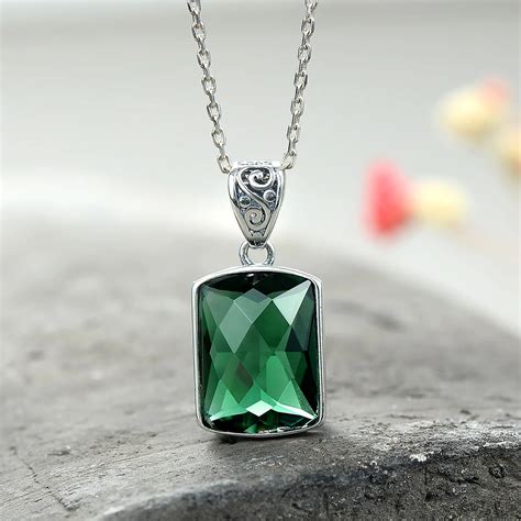 Natural Stone Pendant Faceted Square Green Crystal Jewelry 925 Sterling Silver Personalized ...