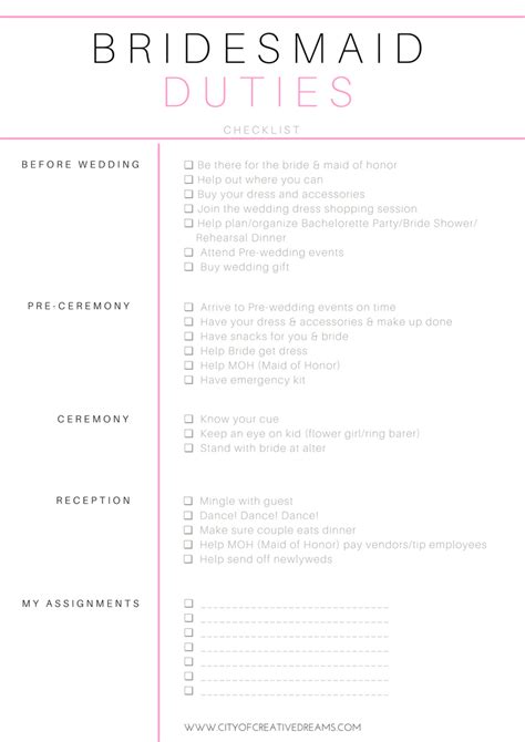 Bridesmaid Duties Checklist - City of Creative Dreams