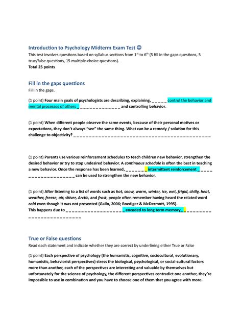 Introduction to Psychology Midterm Exam Test - Total 25 points Fill in the gaps questions Fill ...