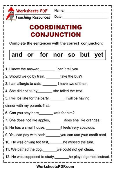 Coordinating Conjunction Worksheets