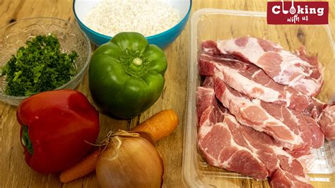 One pot meal - pork shoulder steak, rice and vegetables