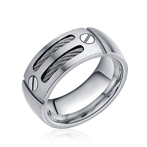 Mens Silver and Black Titanium Ring with Cable Inlay 8mm | Black titanium ring, Titanium rings ...