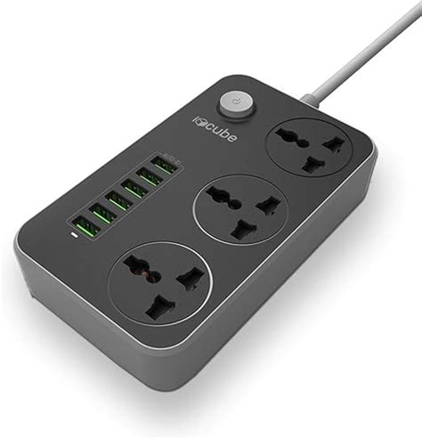 iBlockCube® Extension Lead with USB Slots, 6 USB Ports and 3 Universal Sockets Power Strip with ...