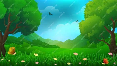 Premium Vector | Beautiful grassland with bushes, plants and trees, landscape vector illustration