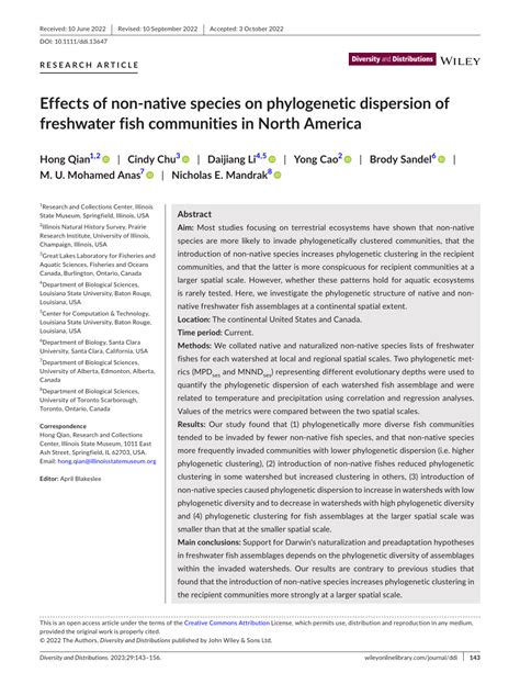 (PDF) Effects of non‐native species on phylogenetic dispersion of freshwater fish communities in ...