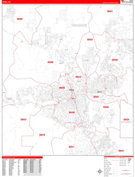 Reno Nevada Zip Code Wall Map (Red Line Style) by MarketMAPS - MapSales