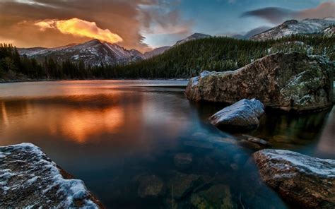 Landscape Winter Mountain Forest With Snow Rocks Lake Reflection From The Red Clouds ...