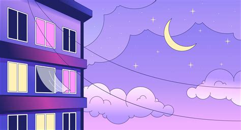 Windows apartment building night lo fi chill wallpaper. Moonlight night sky residential 2D ...