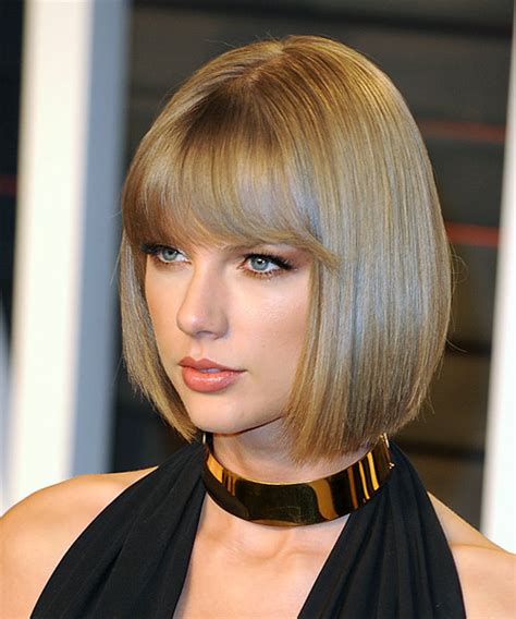 Taylor Swift Medium Straight Dark Blonde Bob Haircut with Blunt Cut Bangs