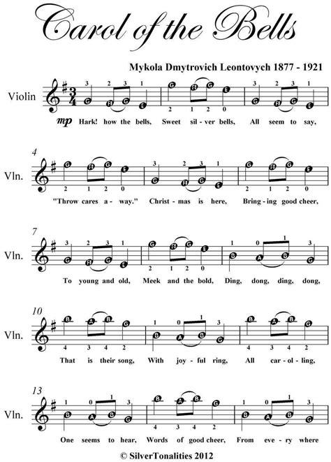 Amazon.com: Carol of the Bells Easy Violin Sheet Music eBook: Mykola Dymtrovich Leontovych ...