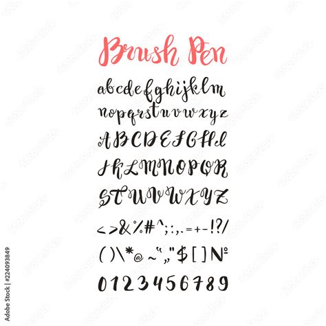 Brush pen handwritten alphabet, letters, numbers and symbols, vector ...