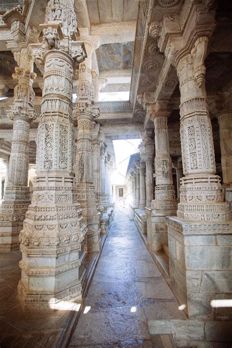 the inside of an old building with stone pillars and carvings on each ...