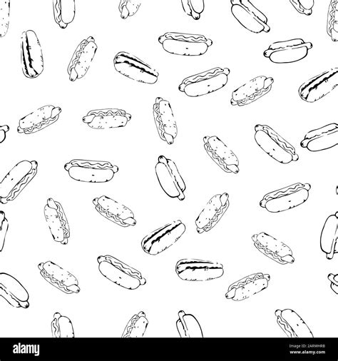 Hotdog seamless pattern hand drawn art. Fast food continuous background from sketchy hot dogs ...