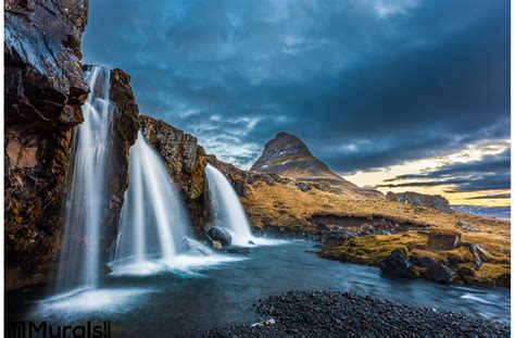 Waterfalls Kirkjufell Sunrise Iceland Wall Mural