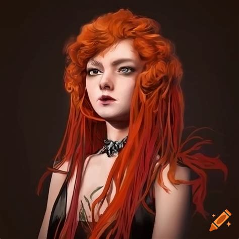 Image of a red-haired fairy with dreadlocks and black dress on Craiyon