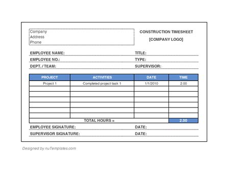 Construction Timesheet Template - Construction Timesheets | nuTemplates