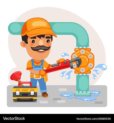 Cartoon plumber repairing a pipe Royalty Free Vector Image