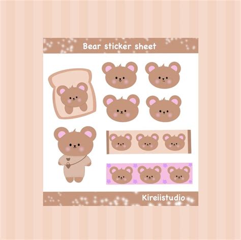 Kawaii bear sticker sheet for journaling, scrapbooking, planner