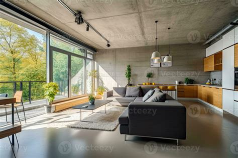 interior of modern bright living room with concrete walls, concrete ...