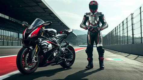 motorcycle racer ready to ride, sportbike rider at racetrack, racing motorcycle and pilot, full ...