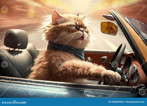 Cat Driving Convertible Sport Car with Fur Blowing in the Wind Illustration Generative Ai Stock ...