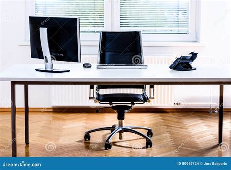 Modern Empty Office Space Desk with Computer, Phone and Chair. Stock ...