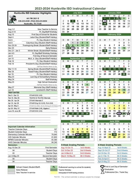 Academic School Year Calendar | Huntsville Independent School District