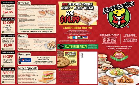 Fox's Pizza Den menu in Plainfield, Indiana, USA