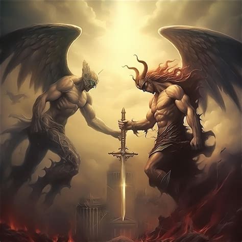 Premium Photo | A painting of God vs satan with horns and a sword in ...