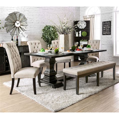 Furniture of America Reagan Transitional Antique Black 84-inch Dining Table Pedestal Dining ...