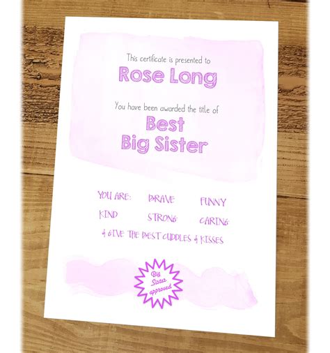 Big Sister Certificate Best Big Sister Award Personalised | Etsy