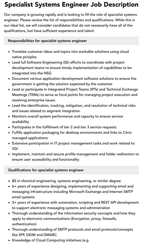 Specialist Systems Engineer Job Description | Velvet Jobs