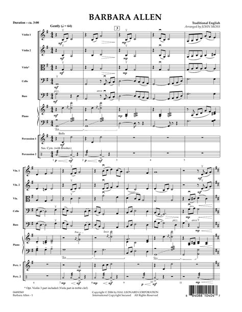 Barbara Allen - Full Score by John Moss Sheet Music for Orchestra at Sheet Music Direct