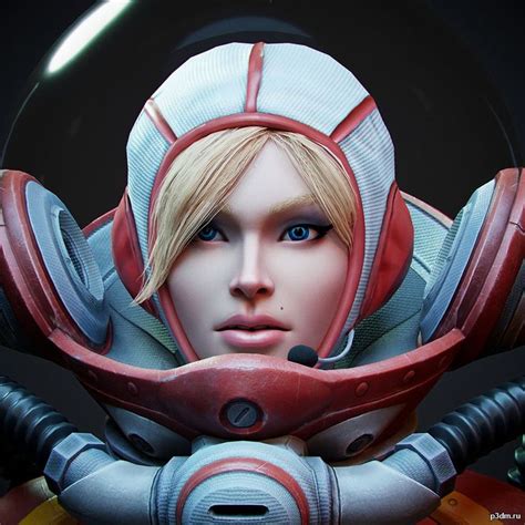 a woman with blonde hair and blue eyes in front of a black background wearing a futuristic helmet