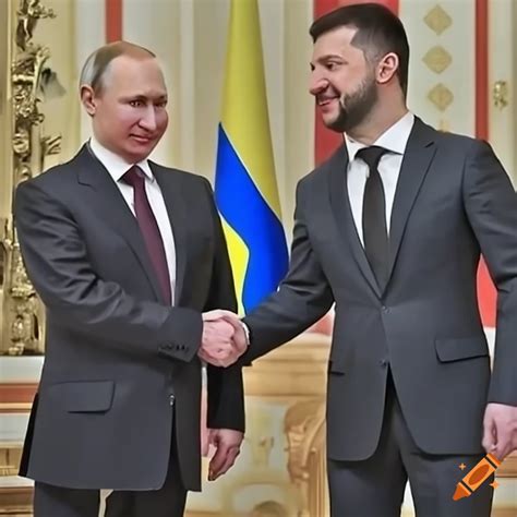 Putin and zelensky shaking hands in a friendly encounter on Craiyon