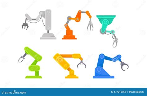 Robotic Arm in Manufacturing Process. Robot and Machine Industry Vector Set Stock Vector ...