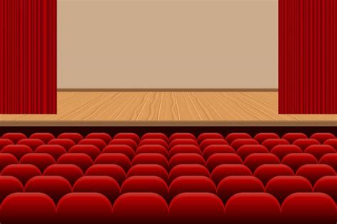 Premium Vector | Theatre hall with rows of red seats and wooden stage illustration