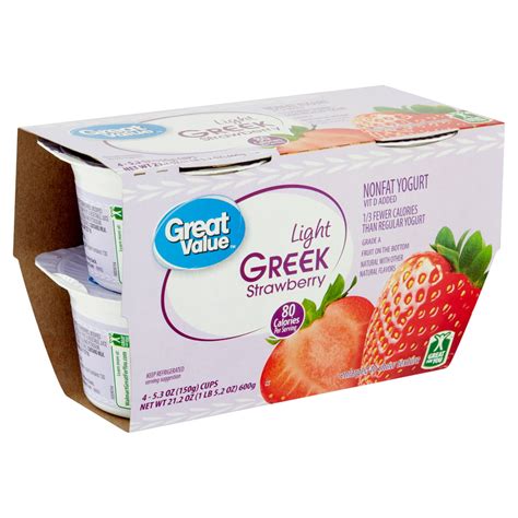 Great Value Light Greek Strawberry Nonfat Yogurt, 5.3 oz, 4 count - Walmart.com - Walmart.com