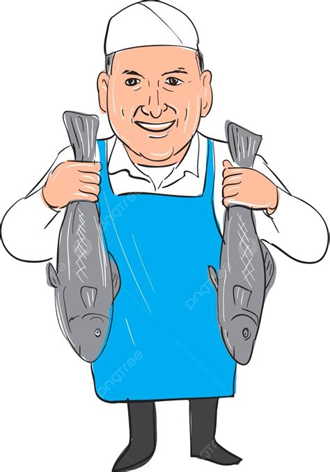 Fishmonger Holding Selling Fish Cartoon Fishmonger Smiling Fish Vector ...