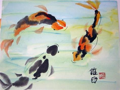 A lovely original chinese brush painting of 3 colorful koi swimming ...