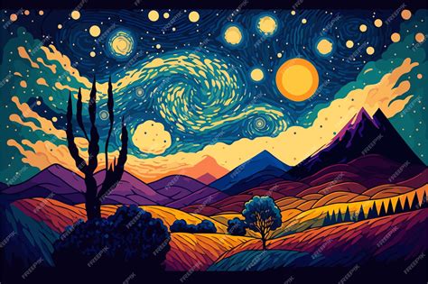 Premium Vector | A painting of a night landscape with mountains trees moon and stars