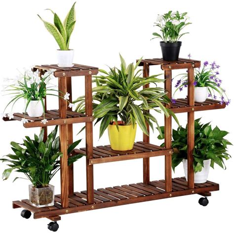 Outerdo Movable Rolling Flower Rack Wood Plant Stand Casters Pots Bonsai Display Shelf , for ...