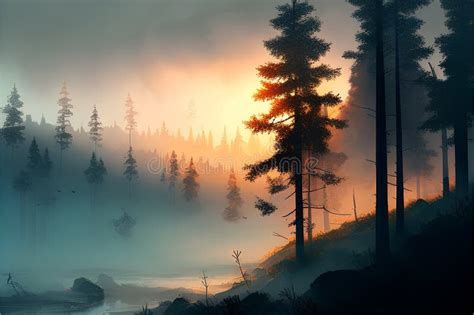 Foggy Forest at Sunrise. Vector Illustration. Eps 10 Stock Illustration ...