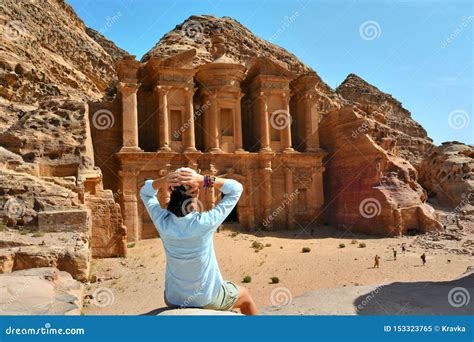 Woman in Ad Deir the Monastery Temple in Petra, Jordan Stock Image ...