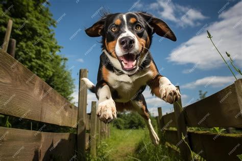 Premium AI Image | a dog jumping over a fence with a sky background