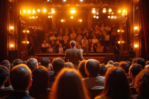 Premium Photo | An audience listens to a speaker on stage at a theater